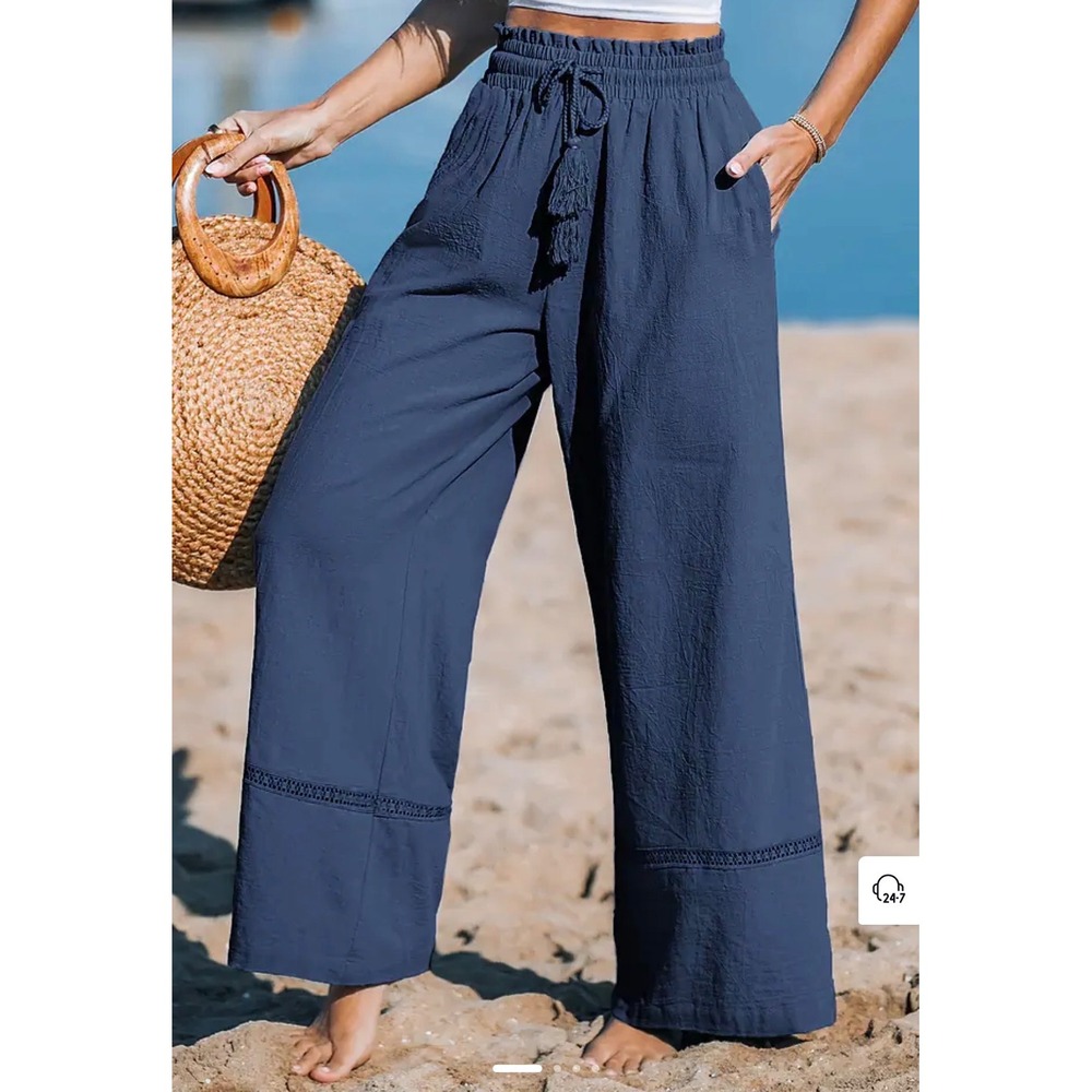 Cupshe Womens Navy Blue Wide Leg Cotton Beach Pants Crochet Lace Tassel Medium